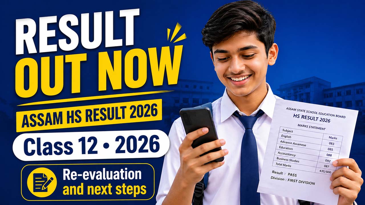 Assam Class 12 student checking HS Result 2026 on mobile phone with a relieved expression