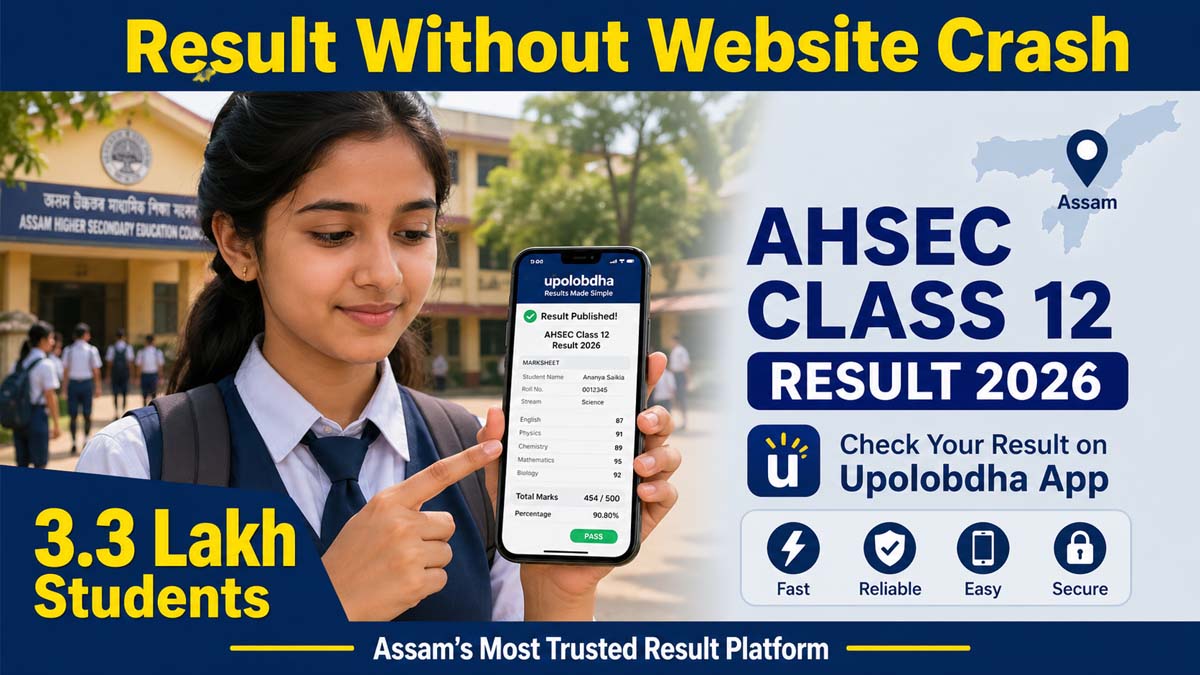 Assam student checking AHSEC Class 12 result 2026 on smartphone using Upolobdha app