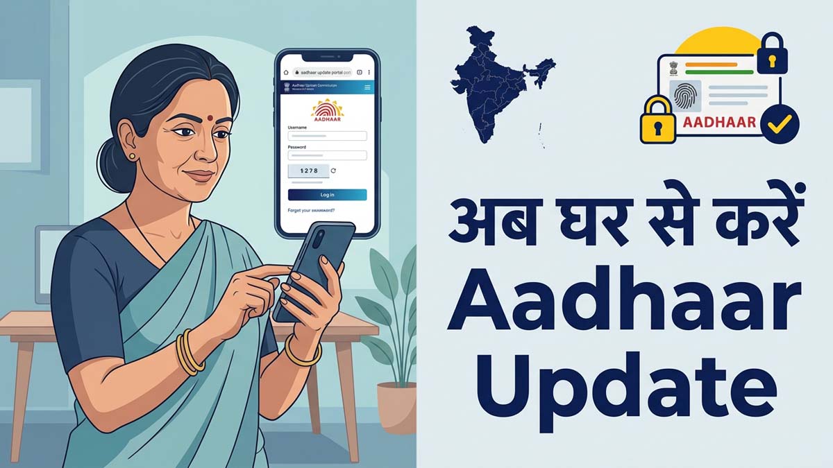 Indian citizen updating Aadhaar card on smartphone via UIDAI official portal