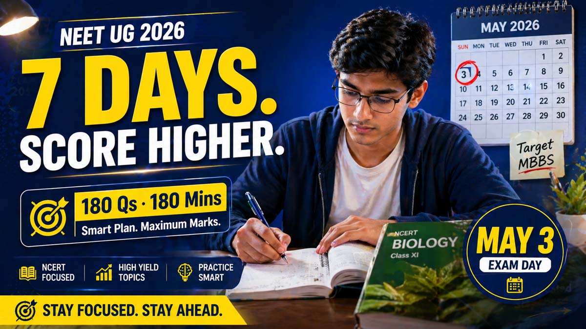 Indian student studying for NEET UG 2026 exam on May 3 with NCERT Biology textbook