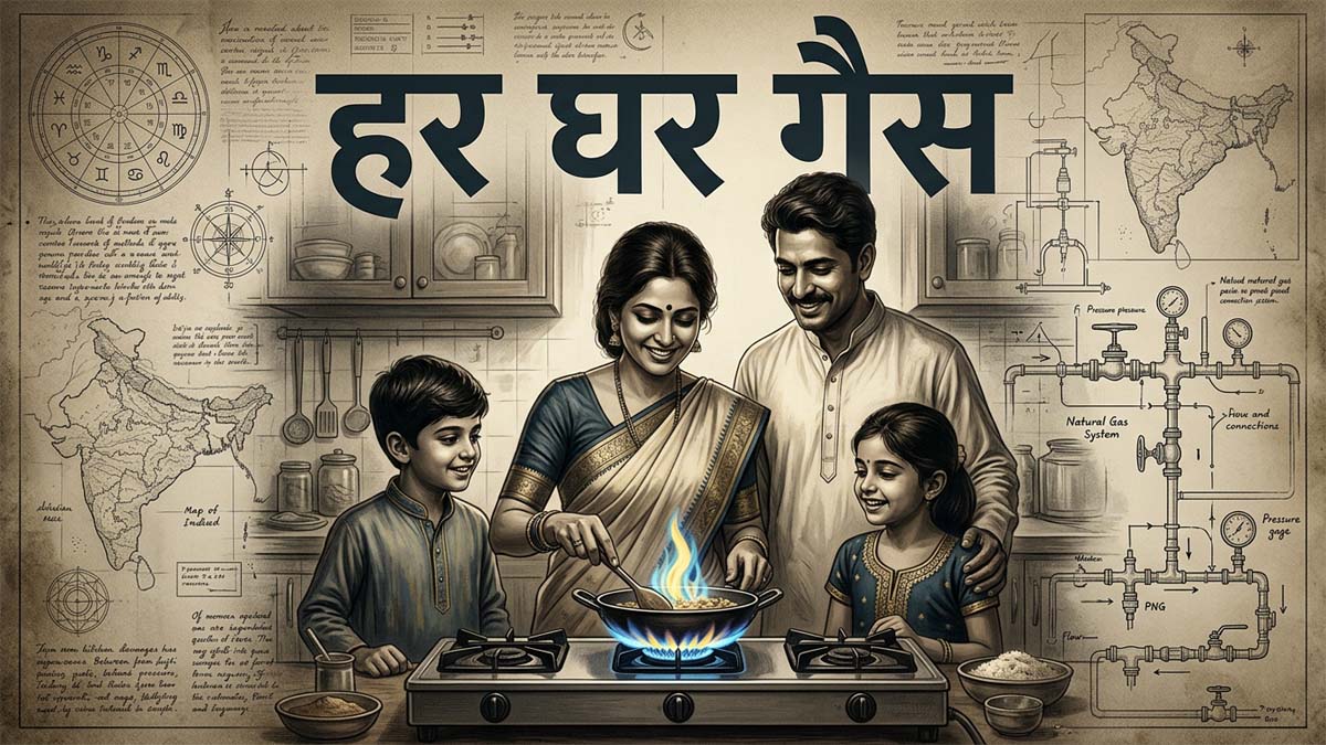 Indian family using PNG piped gas connection at home kitchen, 2026 government scheme